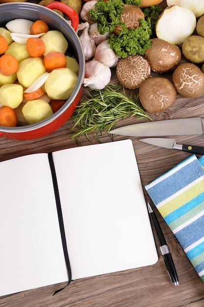 A well-organized kitchen counter with various ingredients laid out for a slow cooker recipe. There are chopped vegetables, spices, and a cut of meat, all neatly arranged. The scene emphasizes preparation and organization, highlighting the ease of starting a slow cooker meal.