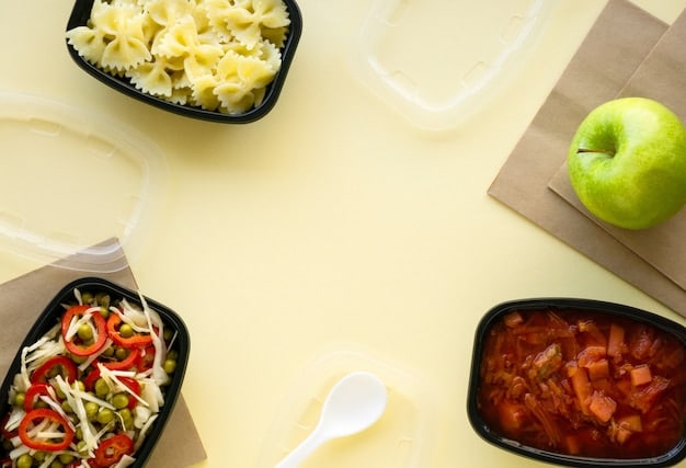 A top-down view of a kitchen counter with containers of prepped ingredients for school lunches and dinners. The image includes chopped vegetables, cooked grains, grilled chicken, and various healthy snacks.