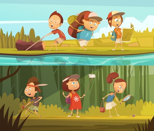 A group of children is happily paddling a canoe on a calm lake surrounded by lush green forest during a camping trip. The sun is shining, and the kids are smiling, wearing life vests and holding paddles.