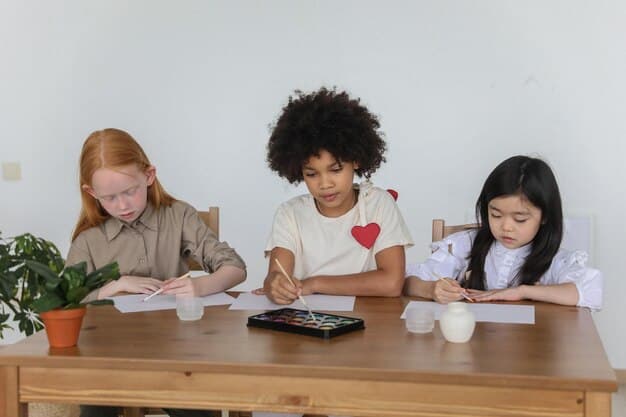 A group of diverse children are gathered around a table, intensely focused on creating their own personalized chore bingo cards. They are using colorful markers, stickers, and glitter to decorate the cards with different household tasks written in each square. The atmosphere is lively and creative, showing them enjoying the process of making chores into a game.