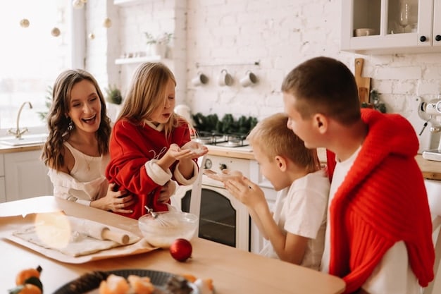 A family, including parents and two teenage children, is standing in their kitchen, engaged in a lively chore-swapping session. They are holding small cards with chores written on them, discussing who will do which task for the week. The expressions on their faces are positive and collaborative, showing them working together to distribute the household responsibilities fairly and efficiently. The kitchen is bright and homey, adding to the sense of family cooperation.