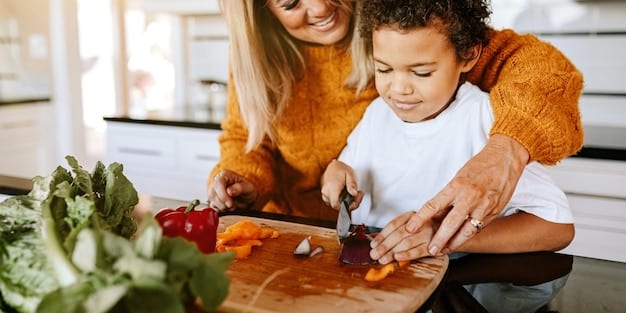 A family preparing a healthy meal together in their kitchen. The children are helping wash vegetables and mix ingredients, while the parents supervise and offer guidance.