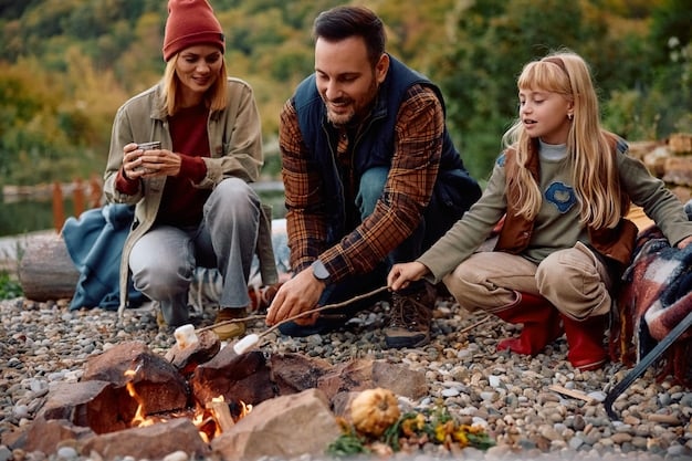 A family camping in a forest, with a tent set up and a campfire burning. They are roasting marshmallows and telling stories, enjoying a peaceful evening in nature.