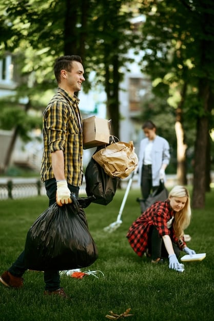 A family cleaning up a local park on a Saturday morning, picking up trash and debris. The parents are smiling and encouraging their children, who are enthusiastically participating. The park is clean and green in the background.