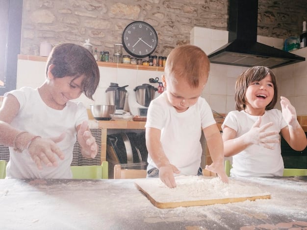 A family of three is in the kitchen, laughing and covered in flour. They are baking cookies together, with cookie cutters and sprinkles scattered on the counter. The scene is warm, inviting, and captures the joy of cooking together.