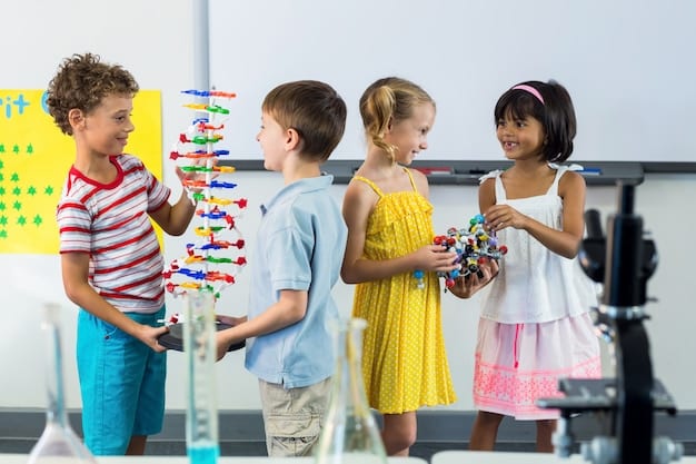 A photograph of children gathered around an interactive science exhibit at the MOSAC, experimenting with levers and pulleys. The children are smiling and engaged in the activity.