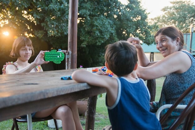 A family gathered around a low table in their backyard, playing a board game by the light of a lantern. The scene is warm and inviting, emphasizing family interaction and fun during their backyard camping experience.