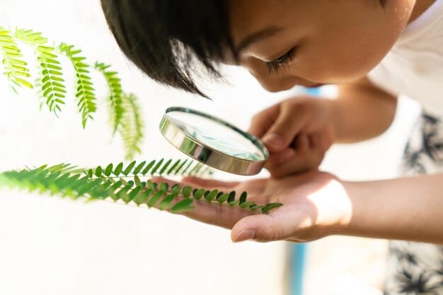 A close-up shot of children using magnifying glasses to examine a leaf closely, with a parent assisting and guiding them. Focus on the texture and details of the leaf, highlighting the educational aspect of the nature walk.