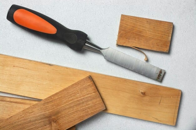 A close-up shot of various tools needed for cabinet refacing, including a measuring tape, screwdriver, sander, and a selection of different wood fillers and adhesives, all neatly arranged.