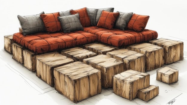 A detailed sketch of a pallet sofa design, showing dimensions, assembly instructions, and cushion placement, providing a clear blueprint for the DIY project.