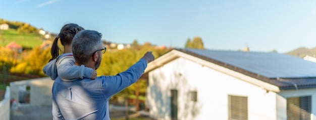 A close-up shot of a homeowner carefully installing a solar panel on their roof, highlighting the tools and safety equipment needed for the project. The focus is on the hands-on aspect and precision required.
