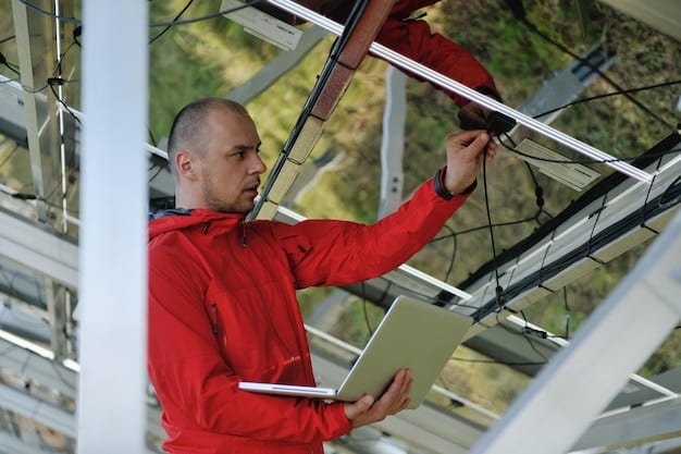 An electrician carefully connecting wires from the solar panels to the inverter, showcasing the importance of precision and accuracy in the electrical connections. The image emphasizes the technical aspect of the installation process.