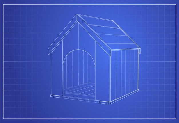 A blueprint sketch of a simple shed-style dog house, showing dimensions and materials needed.