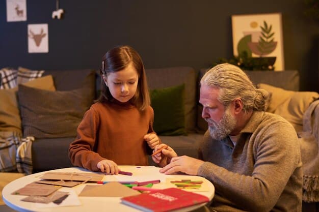 A father and daughter are engaged in a focused activity, building a Lego set together at a table. The scene is warmly lit, emphasizing the quality time and personal connection between them.