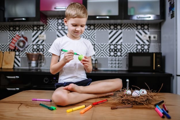 A child sitting on the floor surrounded by various craft supplies like paper, crayons, and pipe cleaners. They are deeply focused on creating something, with a look of intense concentration on their face. The background is a cozy, well-lit room.
