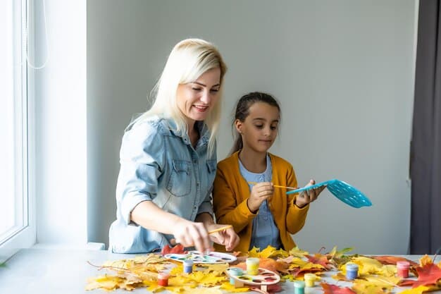 A mom helps her daughter choose from a variety of off-screen activities, like board games, books, and art supplies. They are smiling and seem engaged in decision making.