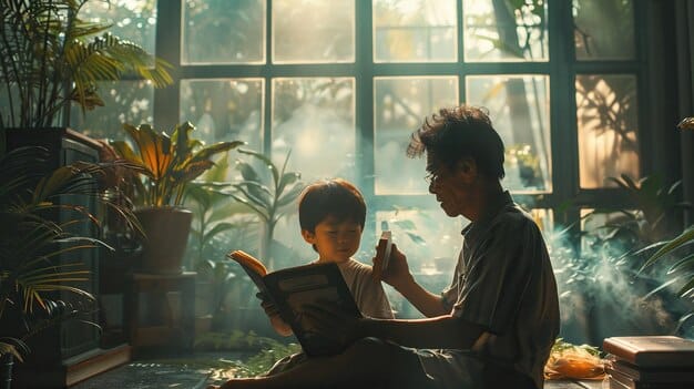 A parent reading a book with their child, discussing a sensitive topic in a calm and gentle manner. The environment is warm and inviting, fostering open communication.