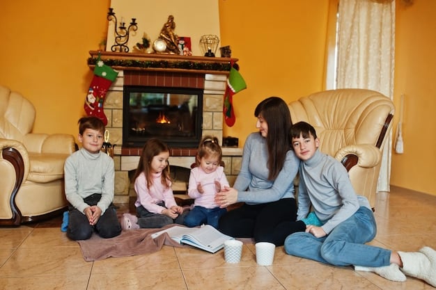A family sitting together on a couch, laughing and talking, surrounded by books and toys, indicating a warm and supportive home environment.