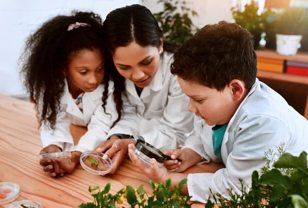 A diverse group of children participating in a homeschooling co-op, showing science experiments and collaborative learning. A parent supervises the group.