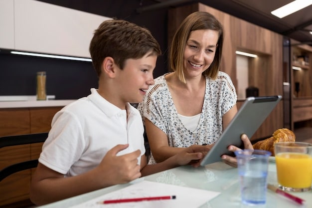 A mother and son using a tablet for homeschooling, with a focus on a math application. They are working together at a kitchen table.