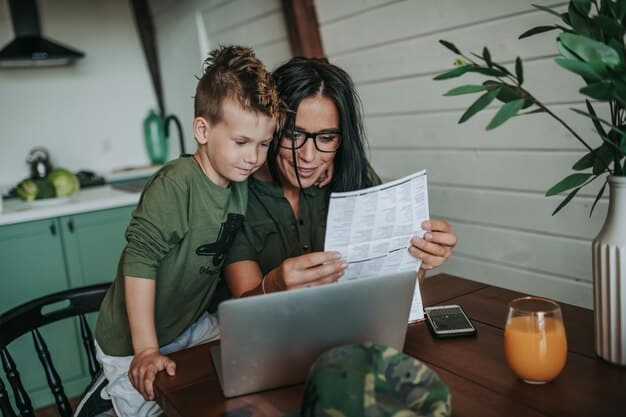 A parent reading a financial planning guide with their child sitting beside them, both smiling. The atmosphere is warm and encouraging. A calculator and a piggy bank are visible on the table, symbolizing saving and planning for the future.