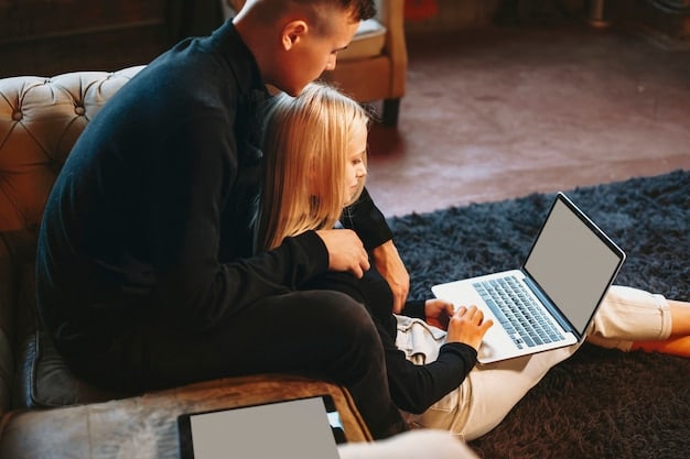 Two parents sitting together in a living room, looking at a laptop screen, possibly participating in a virtual school event or meeting. They appear attentive and engaged, with a sense of collaboration and support. The cozy setting suggests a comfortable and accessible way to stay involved in their child's education.