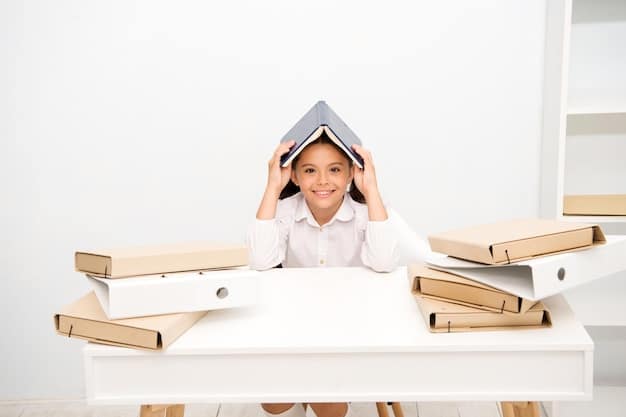 A child is sitting at a desk with a mountain of books piled around, looking overwhelmed with their hands on their head, while a blurry image of a test score floats above them. The image should be slightly desaturated to emphasize the child's distress.