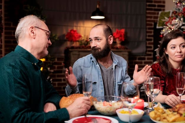 A close-up shot of a family gathered around a dinner table, with each member actively listening to another. The focus is on the expressions of attentiveness and empathy.