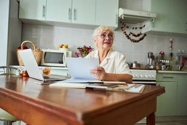 A caregiver filling out FMLA paperwork at a kitchen table, with a laptop open displaying a government website with FMLA information. Papers are neatly stacked, and there's a pen in hand and a cup of coffee to the side. The scene should appear organized and focused.