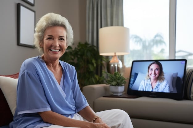 A caregiver participating in an online support group meeting via video call. The caregiver is smiling and engaged in the conversation, surrounded by a comfortable and supportive virtual environment.