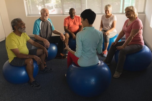 A group of seniors participating in a gentle exercise class at an adult day care center. A qualified instructor is leading them through stretching and light aerobics. The atmosphere is encouraging and supportive, with participants smiling and engaged.