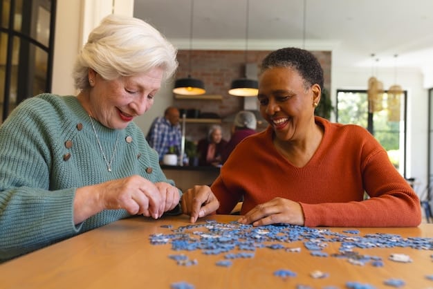 A staff member at an adult day care center assisting a senior with a puzzle. The staff member is smiling and offering encouragement, creating a positive and stimulating interaction. The focus is on engaging the senior's cognitive abilities and providing personalized attention.