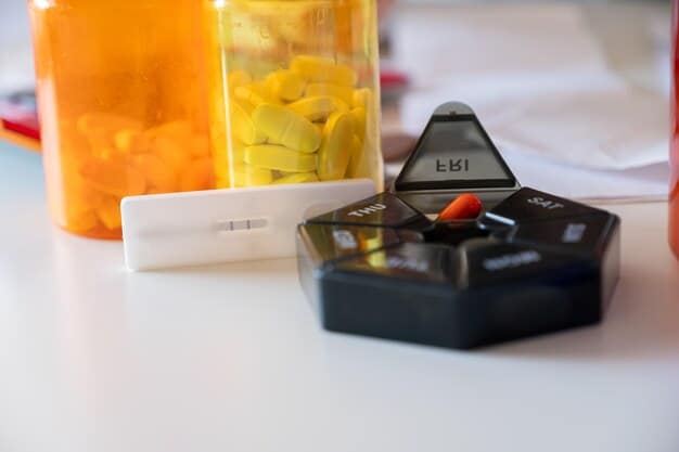 A close-up of a smart pill dispenser with labeled compartments and a digital display showing the next scheduled dose. The dispenser is sitting on a kitchen counter next to a glass of water.