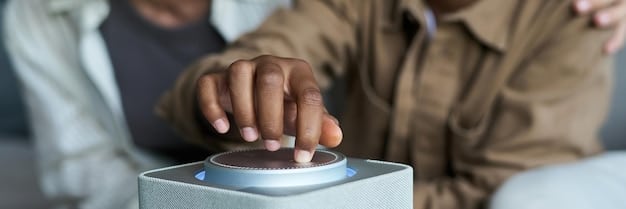 A caregiver using a voice assistant (smart speaker) to set a reminder for an appointment. The scene shows a living room with a senior sitting comfortably in a chair while the caregiver interacts with the device.
