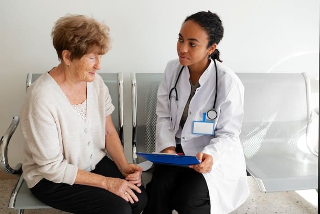 A caregiver sitting in a doctor's office, taking notes during a consultation while the doctor explains the patient's condition using medical charts. The scene is well-lit, showcasing the importance of detailed information exchange.