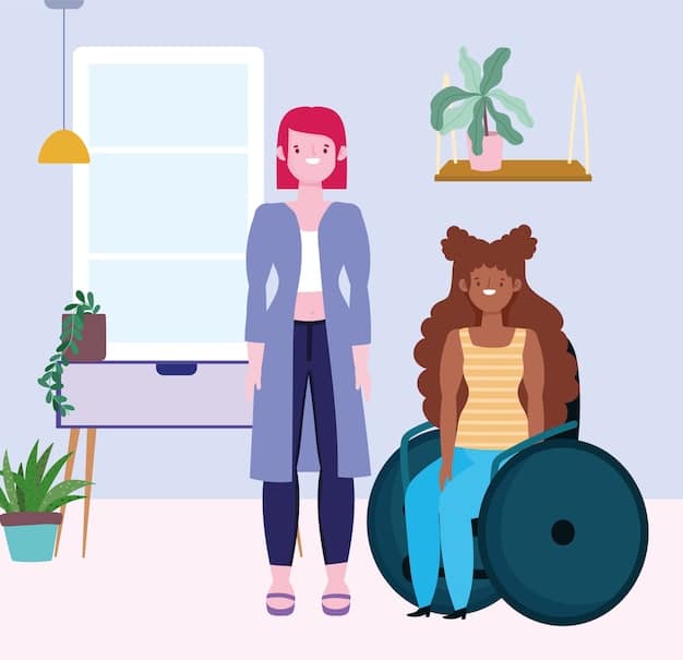 A caregiver kneeling beside a patient's wheelchair, maintaining eye contact and actively listening as the patient speaks. The setting is a brightly lit room with comfortable furniture, emphasizing a supportive and caring atmosphere.