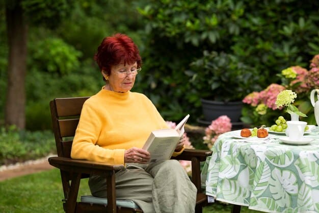 A caregiver taking a break in a serene park setting, reading a book and enjoying a moment of peace, highlighting the importance of self-care during caregiving.
