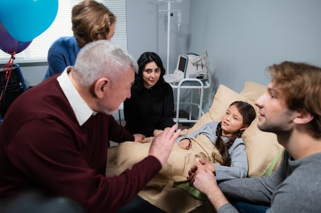 Image showing a palliative care team meeting and discussing treatment options for a patient with a family member.