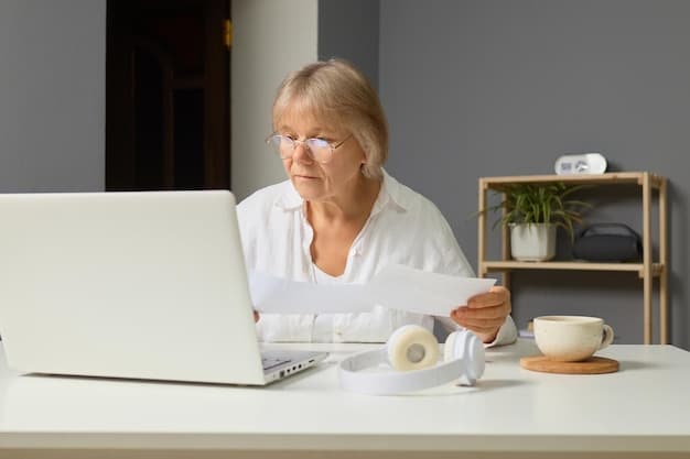A caregiver is sitting at a table, reviewing a pile of medical bills and insurance paperwork. They are using a highlighter and calculator, signifying their efforts to manage and understand the financial aspects of healthcare.