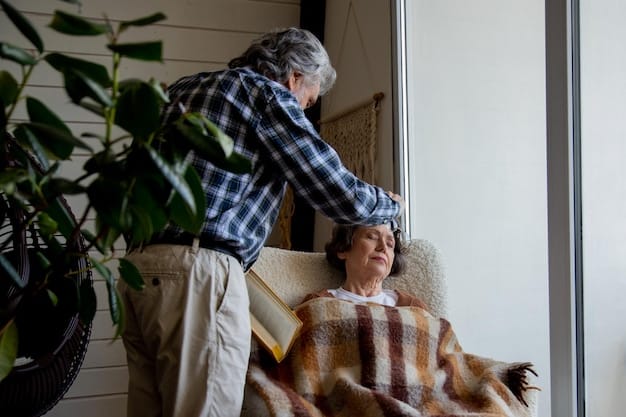 A caregiver gently redirecting a person with dementia who is wandering, leading them towards a safe and comfortable indoor space. The setting is calm and reassuring.