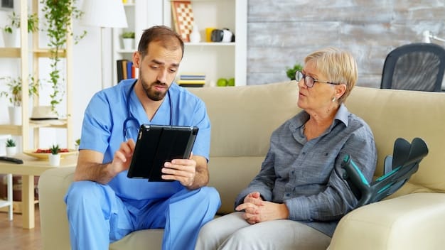 A caregiver using a tablet to monitor a care recipient's vital signs in a home setting, with various smart home devices visible in the background. The scene conveys a sense of technological integration and remote care management.
