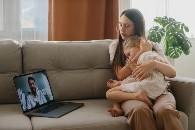 A close-up of a smiling doctor on a laptop screen during a telehealth appointment, reassuring a concerned mother and her child who are sitting comfortably at home.