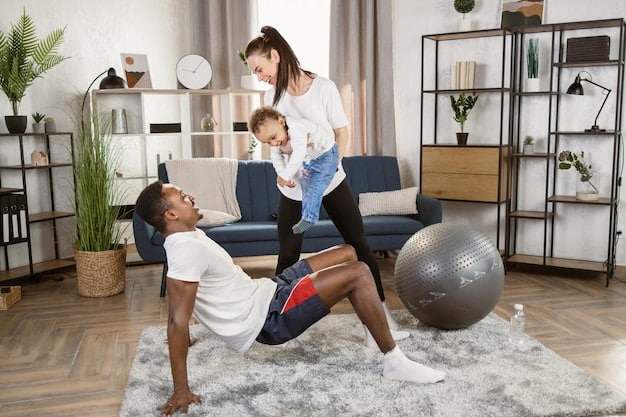 Two parents motivating their children to do push-ups in their living room, with exercise mats and fitness equipment visible nearby, emphasizing the convenience of exercising at home.