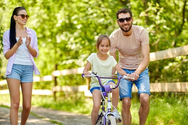 A family on a bike ride, enjoying nature on a sunny day, showing the health benefits of outdoor activities.