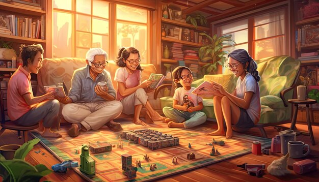 A family is shown engaging in various activities such as playing board games, reading books, and drawing, instead of using screens. They are smiling and interacting positively.