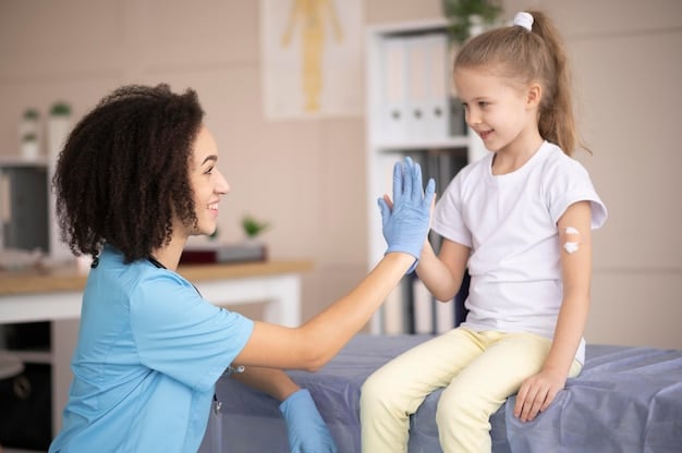 A pediatric allergist administering an allergy shot to a young child. The child is sitting comfortably with a parent nearby, and the allergist is gently injecting the shot into the child's arm. The environment looks like a doctor's office.