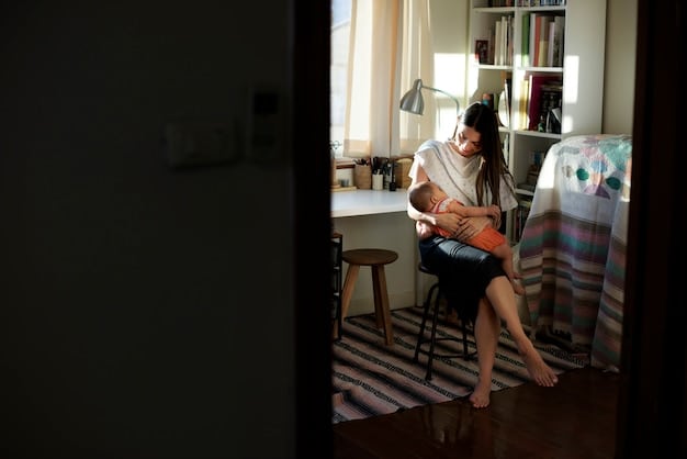 A mother kneeling down to talk to her child, who looks concerned. The setting is a calm living room with soft lighting.