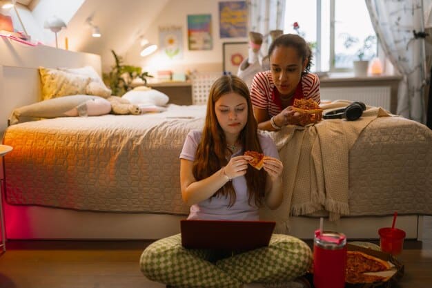 A teenage girl sitting on her bed, looking thoughtful, while her father sits beside her, listening attentively. The setting is a cozy bedroom with personal touches.