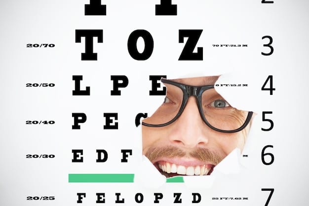 A close-up shot of an eye chart with various sizes of letters. The chart is slightly out of focus in the background to emphasize the need for clear vision. In the foreground, a pair of colorful children's eyeglasses are neatly placed, symbolizing vision correction.