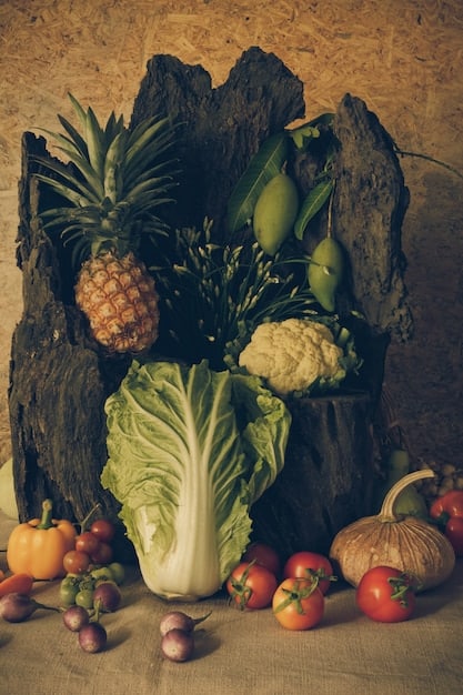 A close-up shot of a diverse selection of fresh fruits and vegetables, artfully arranged to showcase their vibrant colors and textures. Background elements include a child's hand reaching for an apple, subtly emphasizing the importance of healthy food choices from a young age.
